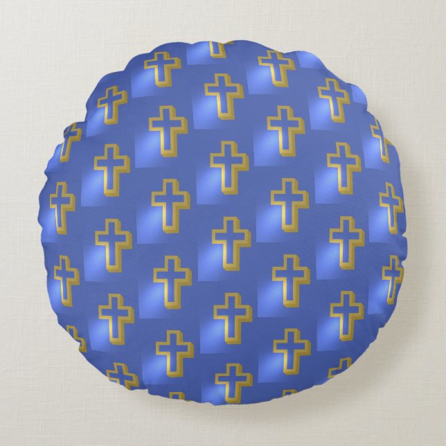 Easter Golden Christian Religious Lit Cross Blue Round Pillow (Front)