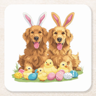 Easter Golden Retriever Dogs Bunny Ears Square Paper Coaster