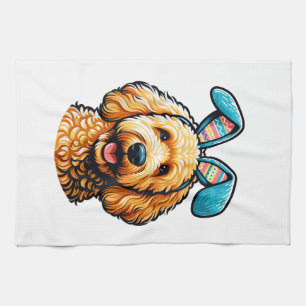 Easter Goldendoodle Dog Wearing Bunny Ears, Easter Kitchen Towel