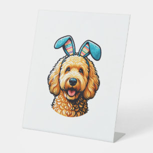 Easter Goldendoodle Dog Wearing Bunny Ears, Easter Pedestal Sign