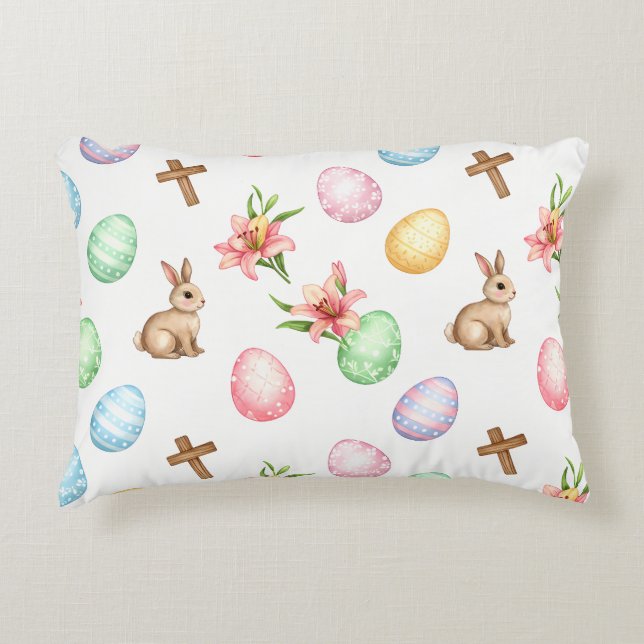 Easter Grace – Seamless Pastel Bunny & Cross Patte Accent Pillow (Front)