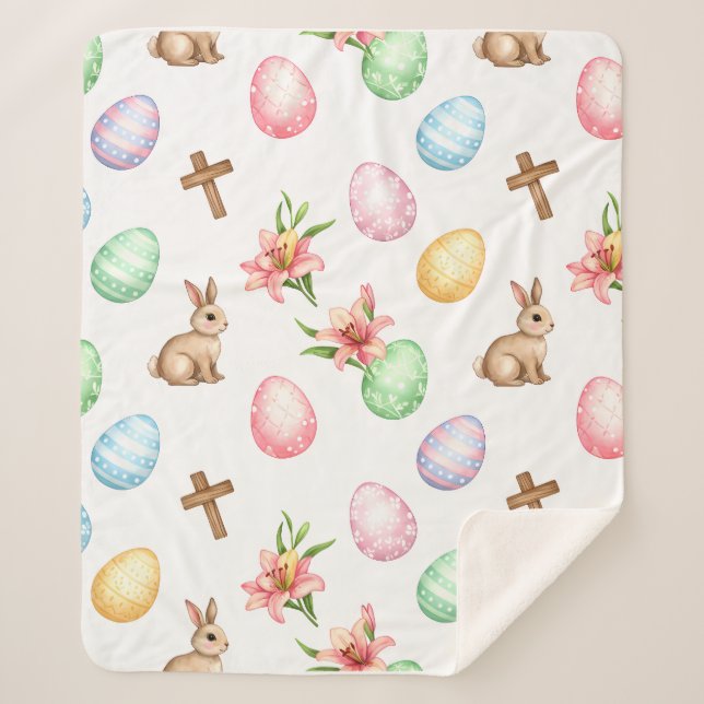 Easter Grace – Seamless Pastel Bunny & Cross Patte Sherpa Blanket (Front)