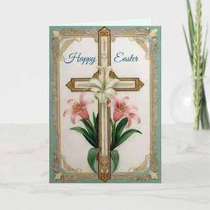 Easter Greeting Card with Cross and Lilies