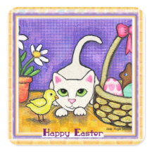 Easter Greeting  Cute Cat & Chick Sticker