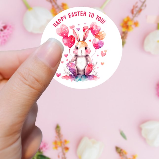 Easter Greetings Bunny Heart Balloons Custom Classic Round Sticker (Creator Uploaded)