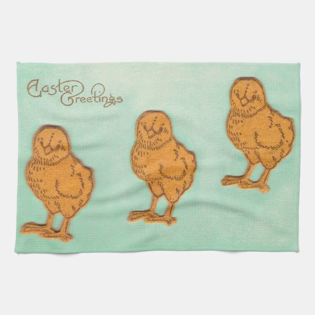 Easter Greetings Chicks Green Kitchen Towel (Horizontal)