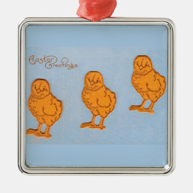 Easter Greetings Chicks in Blue Metal Ornament (Front)