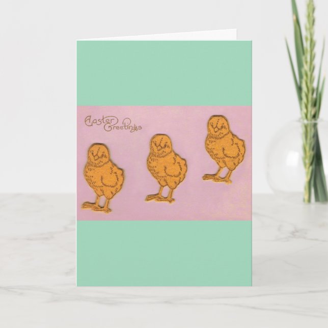 Easter Greetings Chicks Pink Green Holiday Card (Front)