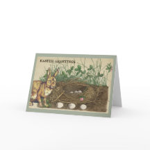 Easter Greetings rabbit, eggs, nest, grass, clover