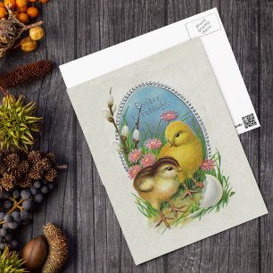 Easter Greetings Yellow Chicks Flowers Holiday Postcard