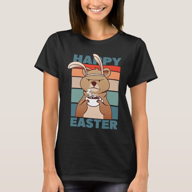 Easter Grumpy Bear with Rabbit Ear drinks Coffee T-Shirt (Front)
