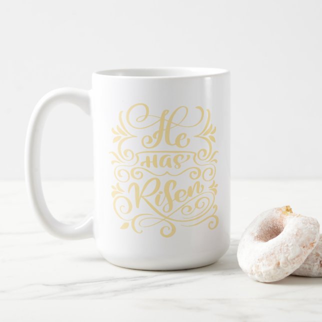 Easter He Has Risen Christian Script Pastel Yellow Coffee Mug (With Donut)