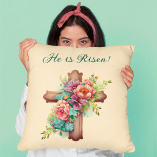 Easter “He is Risen” Floral Cross Throw Pillow