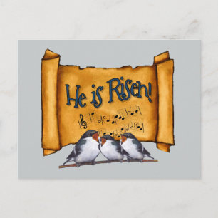 Easter: He Is Risen! Old Scroll, Singing Birds Art Holiday Postcard