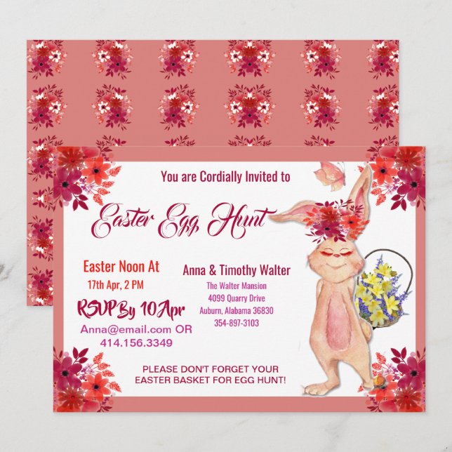 Easter Hunt Watercolor Bunny Family Kid Invitation (Front/Back)
