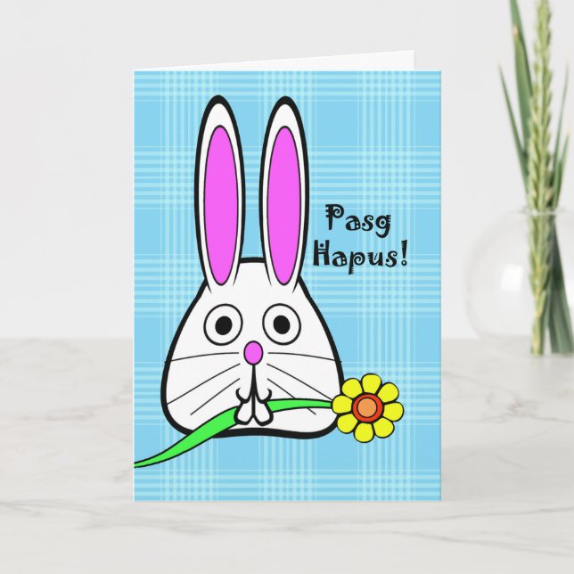 Easter in Welsh, Pasg Hapus, Bunny with Flower Holiday Card (Front)