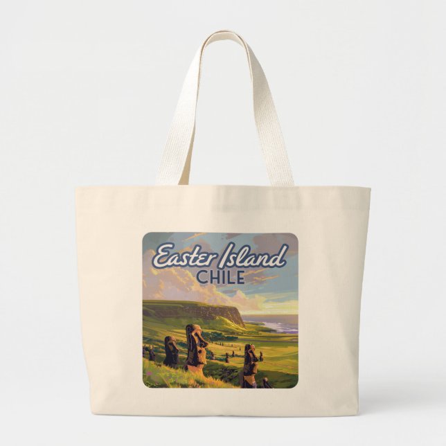 Easter Island Chile Moai Rapa Nui Polynesia Retro Large Tote Bag (Front)