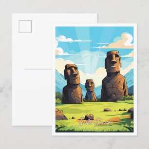 Easter Island Chile Vintage Travel Illustration Postcard