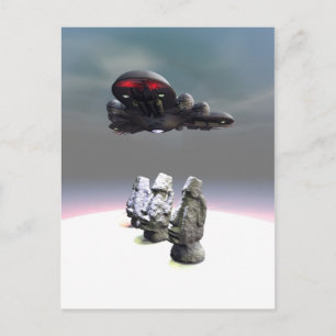 Easter Island Heads and UFO Postcard