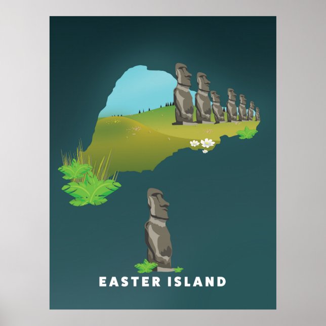 Easter island Illustrated Map travel poster print. (Front)