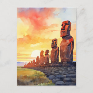 Easter Island Moai Statues Sunset Watercolor Postcard