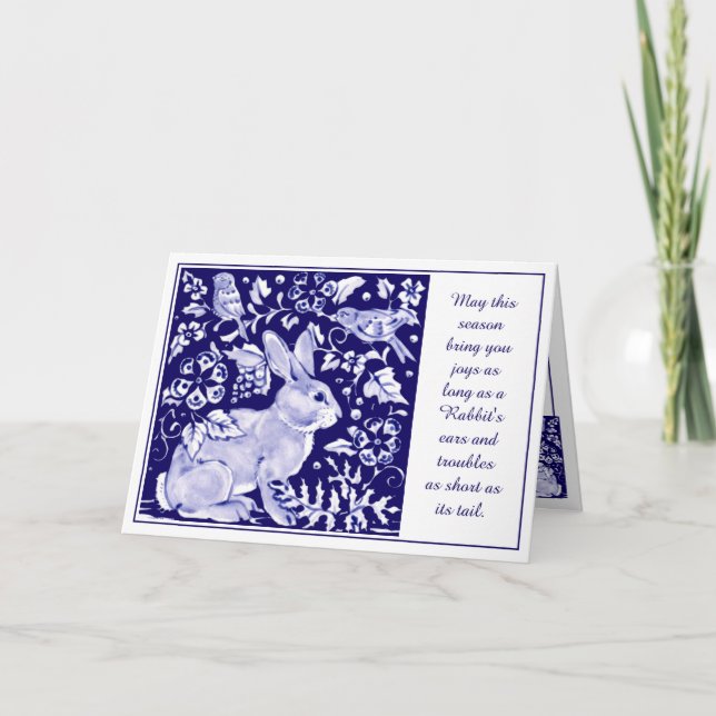 Easter Joy Rabbit Blue Inspirational Delft Dedham Holiday Card (Front)