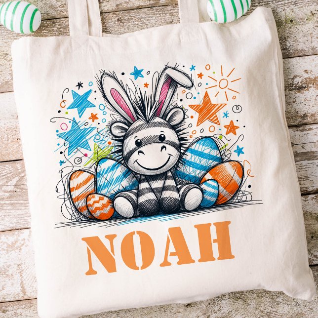  Easter Kids Name Boys Bunny Zebra Tote Bag (Boys Easter Tote)