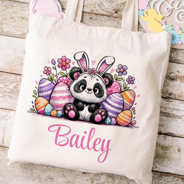 Easter Kids Name Girls Bunny Panda Bear Tote Bag (Panda Girls Easter Tote)