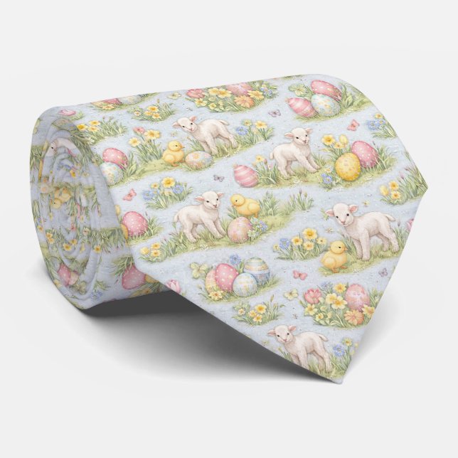 Easter Lamb And Chick Watercolor Floral Spring Tie (Rolled)