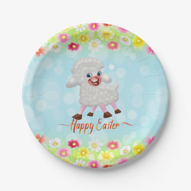 Easter Lamb and Flowers Paper Plate (Front)
