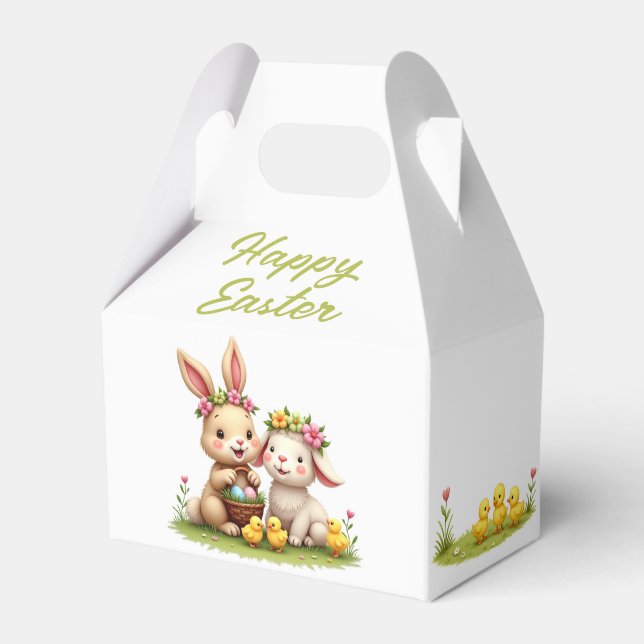 Easter Lamb & Bunny | Chicks & Spring Flowers Cute Favor Box (Front Side)