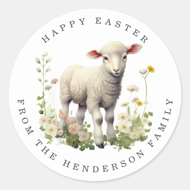 Easter Lamb Personalized Name Round Stickers (Front)