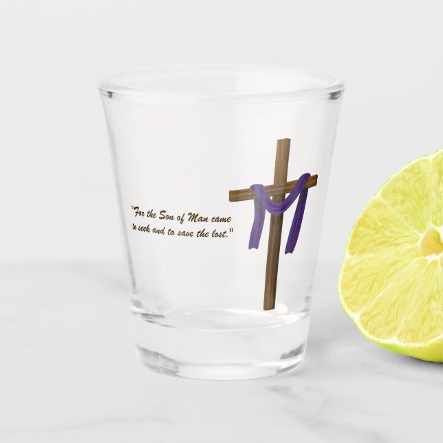 Easter Lent Cross Purple Drape Resurrection Day Shot Glass (Front)