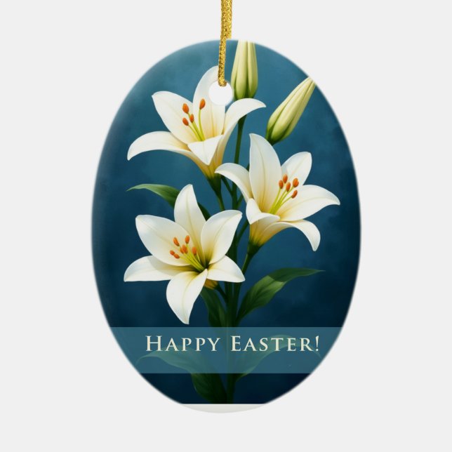 Easter Lilies Blue Christian Faith Gift Ceramic Ornament (Front)