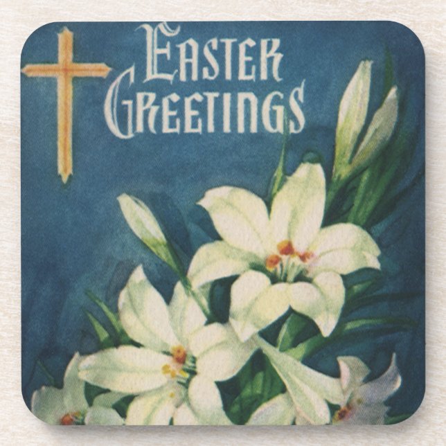 Easter Lilies Flowers, Vintage Religious Easter Coaster (Front)