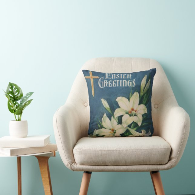 Easter Lilies Flowers, Vintage Religious Easter Throw Pillow (Chair)