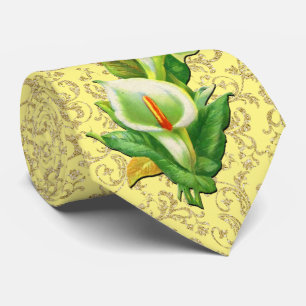 Easter Lily Gold Damask on Yellow Background Tie