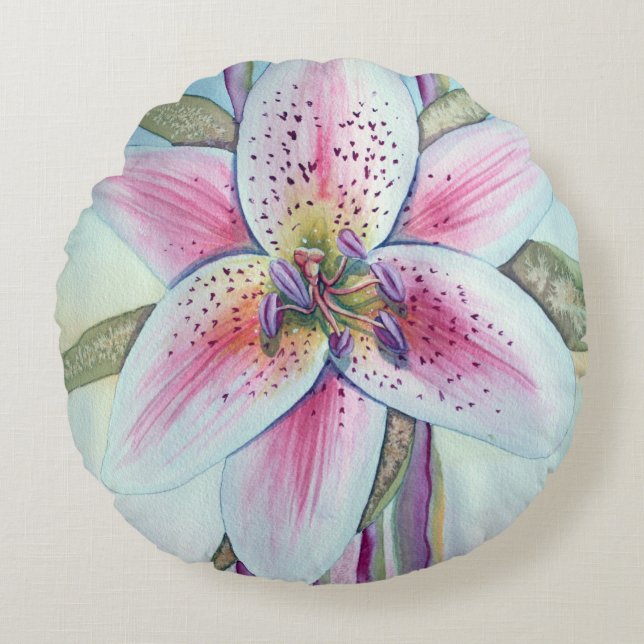 Easter Lily Watercolor Round Pillow (Front)