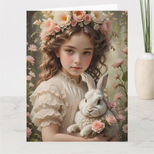 Easter Magic - Girl with Flower Crown and Bunny Card