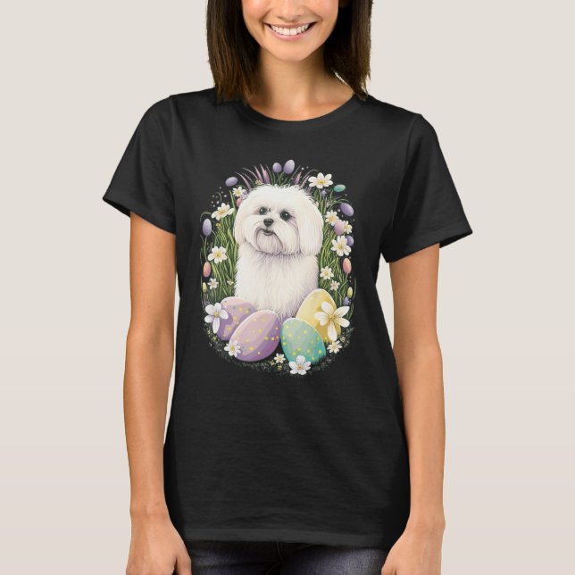 Easter Maltese dog Bunny Eggs Dog on Easter Maltes T-Shirt (Front)