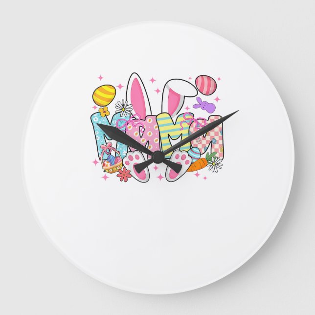 Easter Mama Bunny Ears Coquette Bow Easter Rabbit  Large Clock (Front)