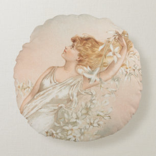 "Easter Morning" - Vintage Print, L. Prang & Co. Round Pillow