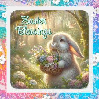Easter Morning Woodland Bunny With Basket Square Sticker