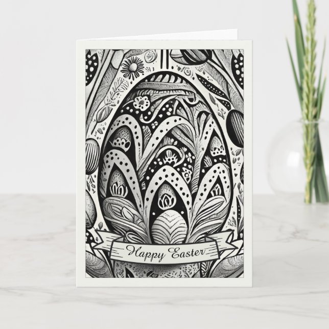 Easter motif b/w cartoon with Easter eggs 52158 Card (Front)