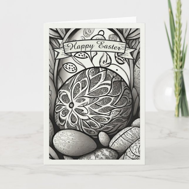 Easter motif b/w cartoon with Easter eggs 97330 Card (Front)