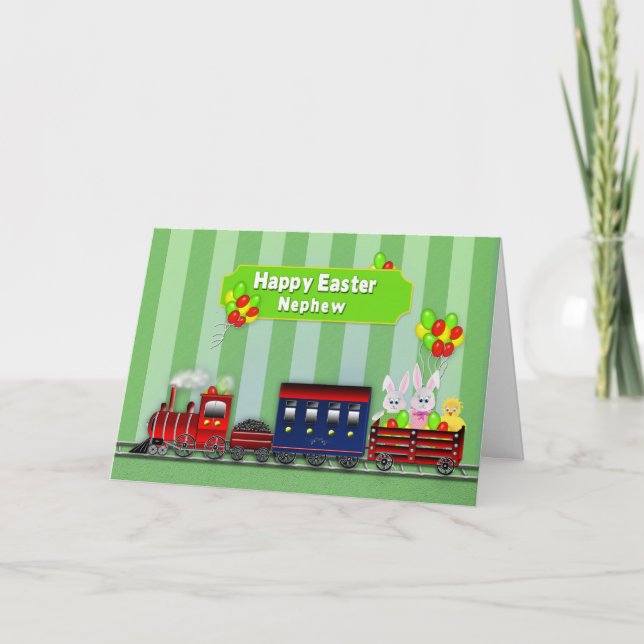 Easter - Nephew - Train/Bunnies/Balloons Holiday Card (Front)