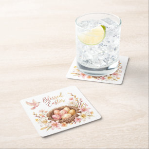 Easter Nest with Eggs Square Paper Coaster