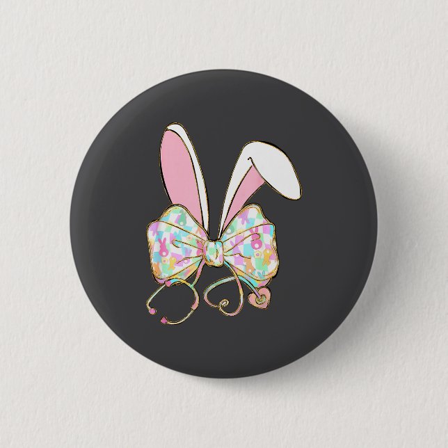 Easter nurse coquette bow stethoscope bunny scrub 2 inch round button (Front)
