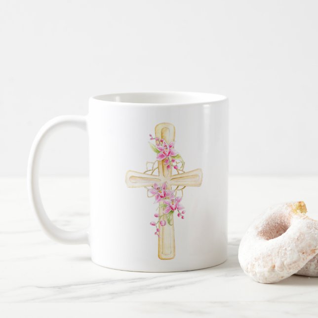 Easter orchid cross he has risen Matthew 28:6 Coffee Mug (With Donut)