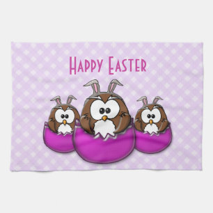 Easter owl - pink kitchen towel